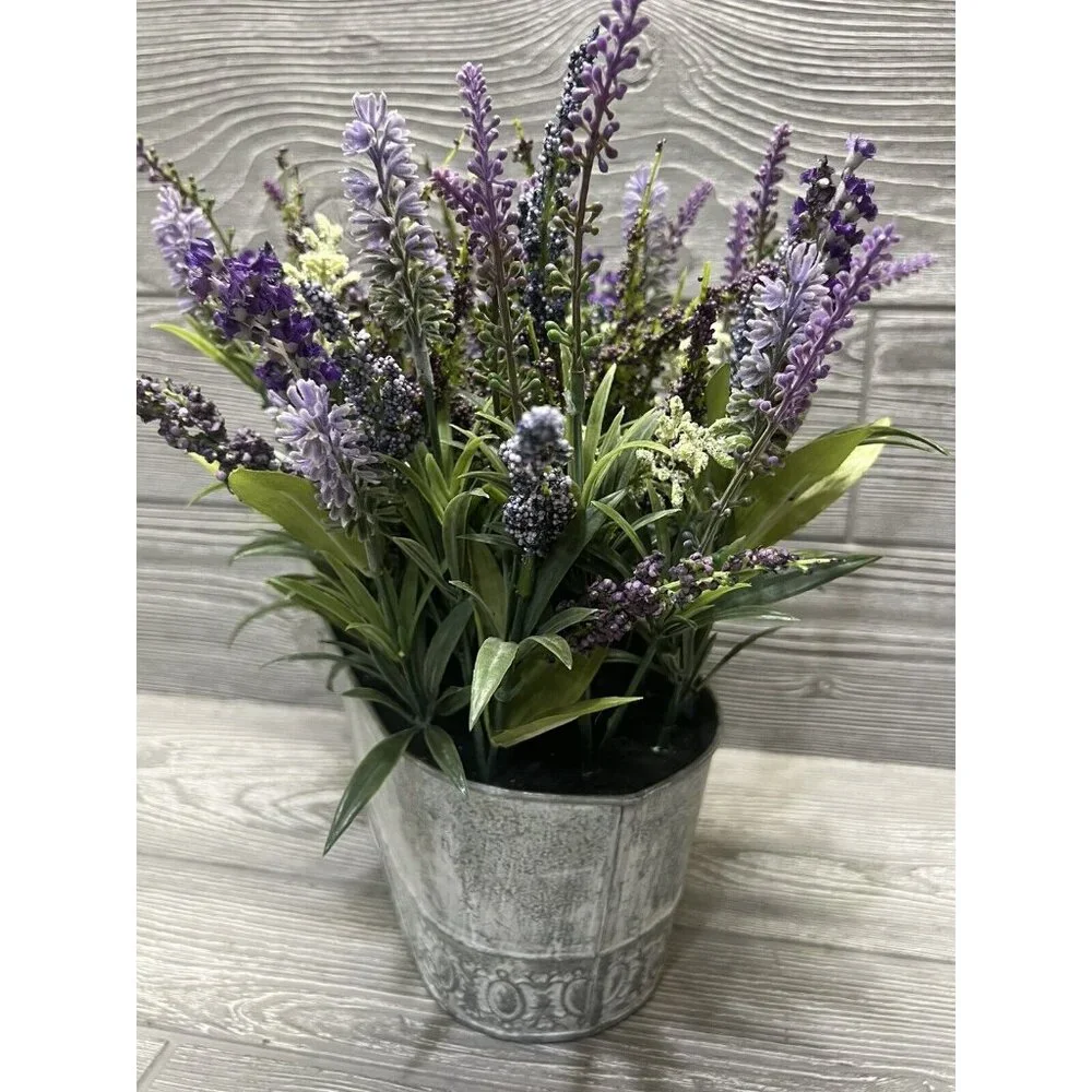 Faux Floral Lavender in Metal Planter Flower Arrangement Spring Cottagecore